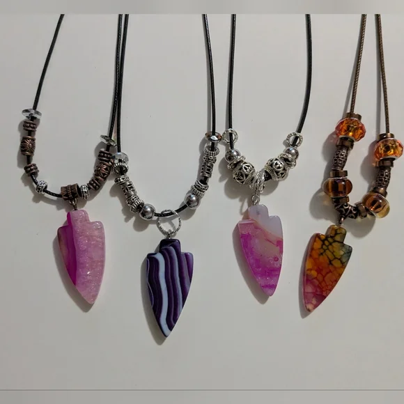 Handmade White & Pink Druzy Arrowhead Silver Beaded Necklace - Picture 10 of 14